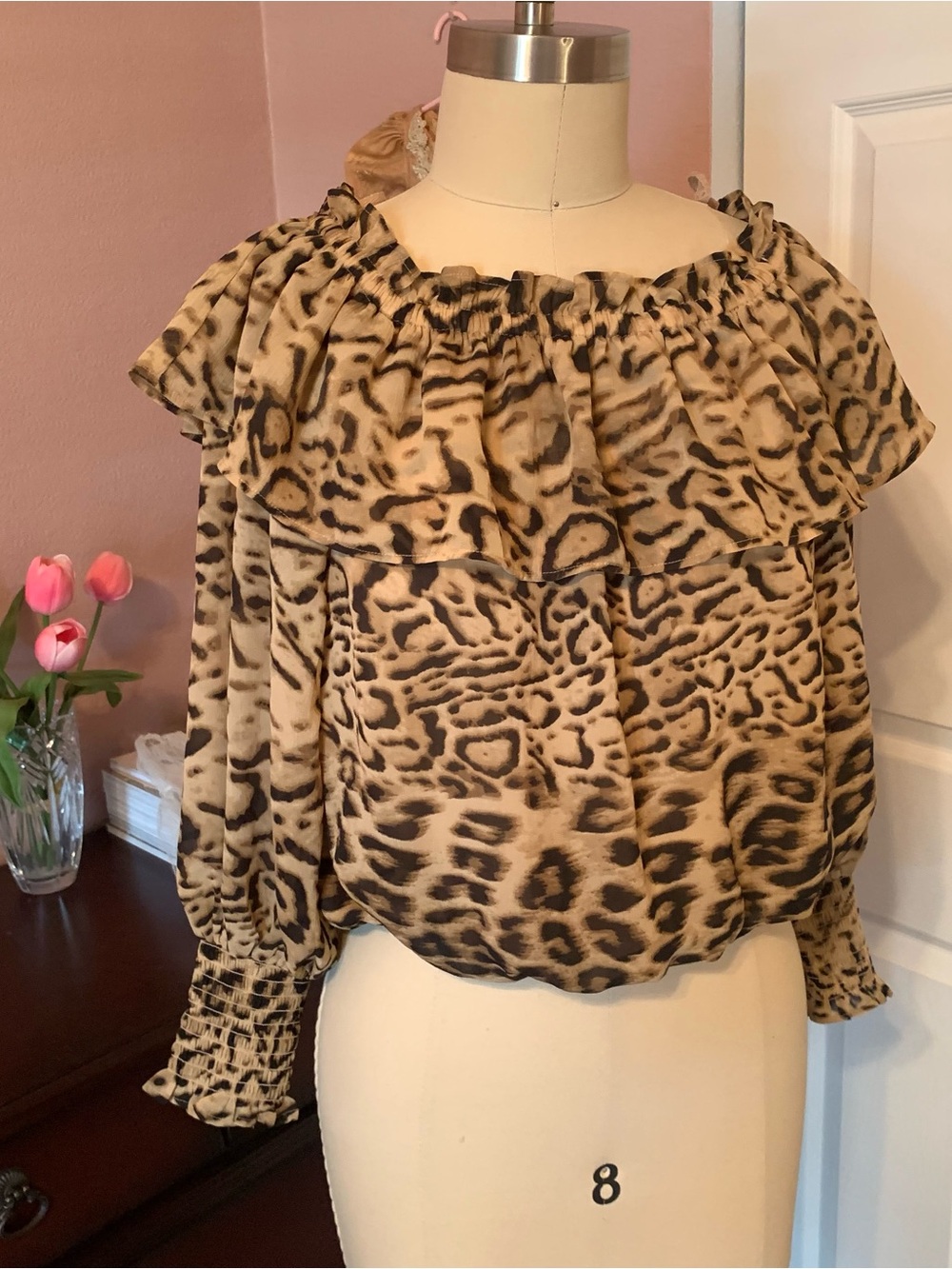 EXPRESS Off-Shoulder Leopard Print Ruffled Blouse - Picture 2 of 6